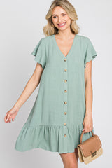 Light Olive Button Accent Ruffle Hem Dresses