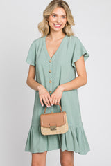 Light Olive Button Accent Ruffle Hem Dresses