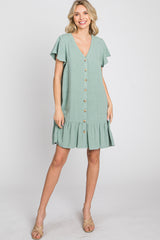 Light Olive Button Accent Ruffle Hem Dresses