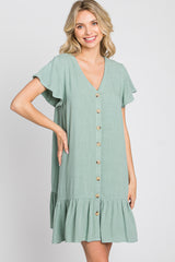 Light Olive Button Accent Ruffle Hem Dresses