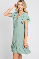 Light Olive Button Accent Ruffle Hem Dresses