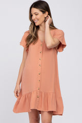 Salmon Button Accent Ruffle Hem Maternity Dress