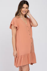 Salmon Button Accent Ruffle Hem Maternity Dress