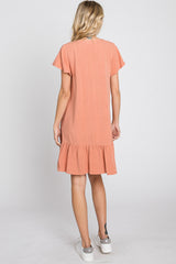 Salmon Button Accent Ruffle Hem Dress