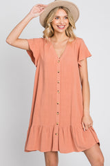 Salmon Button Accent Ruffle Hem Dress