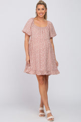 Pink Floral Smocked Square Neck Puff Short Sleeve Maternity Dress