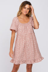 Pink Floral Smocked Square Neck Puff Short Sleeve Maternity Dress