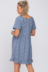 Blue Floral Smocked Square Neck Puff Short Sleeve Maternity Dress