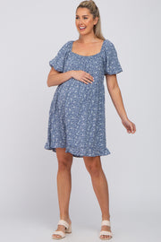 Blue Floral Smocked Square Neck Puff Short Sleeve Maternity Dress