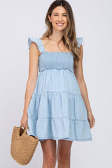 Light Blue Denim Square Neck Smocked Tiered Maternity Dress