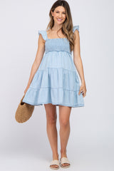 Light Blue Denim Square Neck Smocked Tiered Maternity Dress