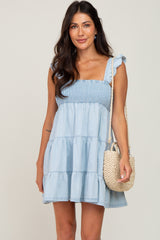 Light Blue Denim Square Neck Smocked Tiered Maternity Dress