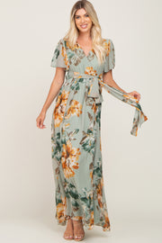 Sage Floral Chiffon Short Sleeve Maxi Dress