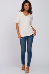 Beige Ribbed Lace Trim Top