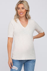 Beige Ribbed Lace Trim Maternity Top