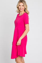 Fuchsia Short Sleeve Front Pleat Dress