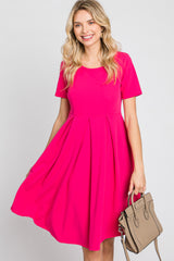 Fuchsia Short Sleeve Front Pleat Dress