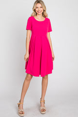 Fuchsia Short Sleeve Front Pleat Dress