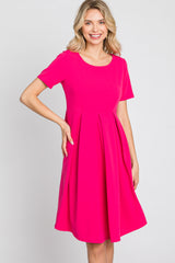 Fuchsia Short Sleeve Front Pleat Dress