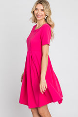 Fuchsia Short Sleeve Front Pleat Dress