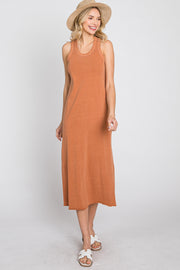 Camel Sleeveless Basic Midi Dress