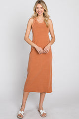 Camel Sleeveless Basic Midi Dress