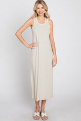 Beige Sleeveless Basic Midi Dress