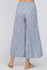 Blue Leaf Print Wide Leg Cropped Pants