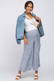 Blue Leaf Print Wide Leg Cropped Maternity Pants