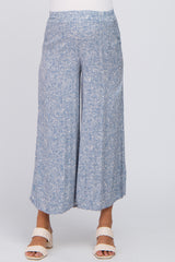 Blue Leaf Print Wide Leg Cropped Maternity Pants