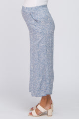 Blue Leaf Print Wide Leg Cropped Maternity Pants