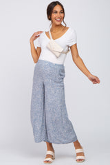 Blue Leaf Print Wide Leg Cropped Maternity Pants