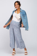 Blue Leaf Print Wide Leg Cropped Maternity Pants