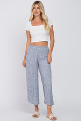 Blue Leaf Print Wide Leg Cropped Maternity Pants