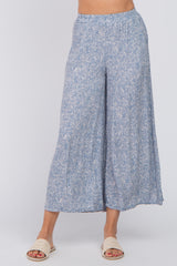 Blue Leaf Print Wide Leg Cropped Pants