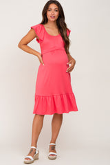 Coral Tie Back Flounce Sleeve Maternity Midi Dress