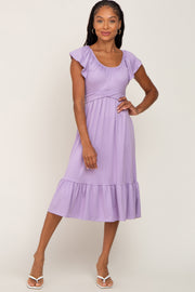 Lavender Tie Back Flounce Sleeve Midi Dress