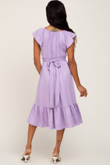 Lavender Tie Back Flounce Sleeve Midi Dress