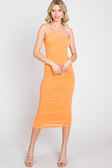 Orange One Shoulder Ruched Midi Dress