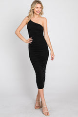 Black One Shoulder Ruched Midi Dress