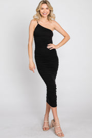 Black One Shoulder Ruched Midi Dress