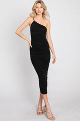 Black One Shoulder Ruched Midi Dress