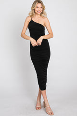 Black One Shoulder Ruched Midi Dress