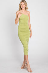 Light Green One Shoulder Ruched Midi Dress