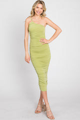 Light Green One Shoulder Ruched Midi Dress