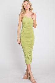 Light Green One Shoulder Ruched Midi Dress