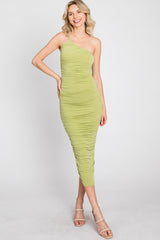 Light Green One Shoulder Ruched Midi Dress