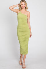 Light Green One Shoulder Ruched Midi Dress