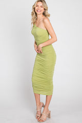 Light Green One Shoulder Ruched Midi Dress