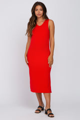 Red Ribbed Maternity Midi Dress